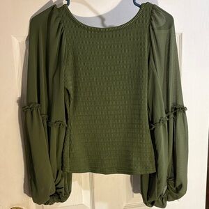 Anthropologie Olive Green Smocked Bodice Balloon Sleeve Blouse XXS